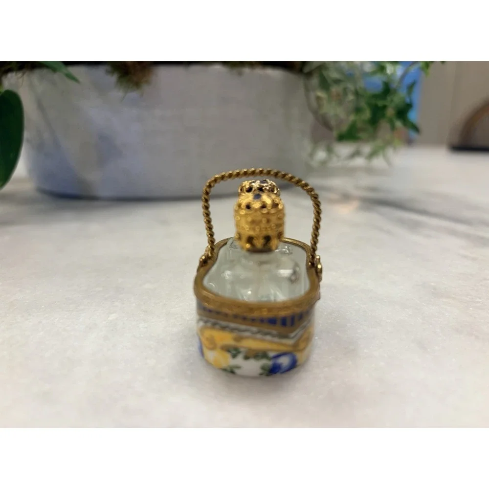 Limoges France Peint Main Blue Roses Box Basket TwoPerfume Bottles Gold Bow